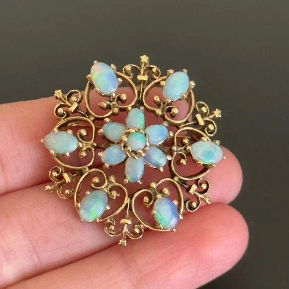 Vintage 14K Yellow Gold Opal Flower Heart Filigree Scroll Pendant Brooch Pin - Picture 10 of 10